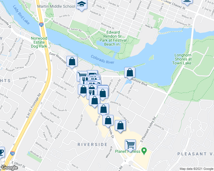 map of restaurants, bars, coffee shops, grocery stores, and more near 1333 Shore District Drive in Austin