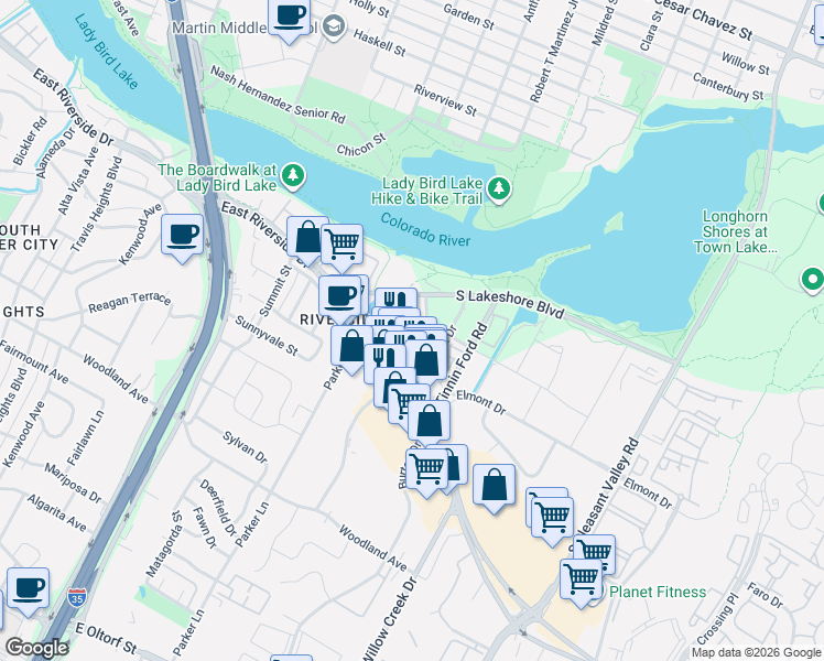 map of restaurants, bars, coffee shops, grocery stores, and more near 1920 East Riverside Drive in Austin