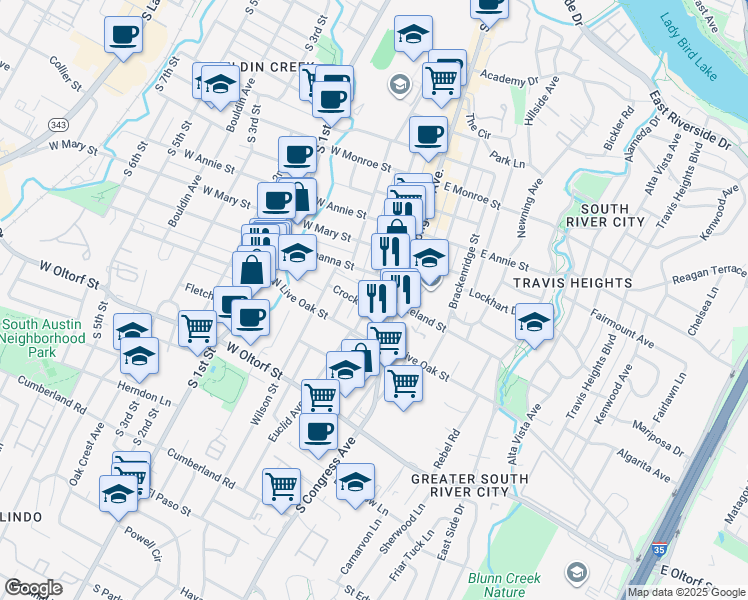map of restaurants, bars, coffee shops, grocery stores, and more near 2106 Eva Street in Austin