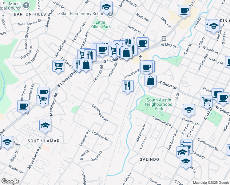 map of restaurants, bars, coffee shops, grocery stores, and more near 2509 Thornton Road in Austin