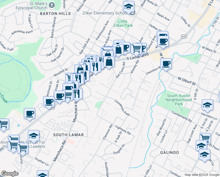 map of restaurants, bars, coffee shops, grocery stores, and more near 2706 1/2 Del Curto Road in Austin