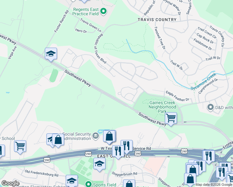 map of restaurants, bars, coffee shops, grocery stores, and more near 5512 Southwest Parkway in Austin