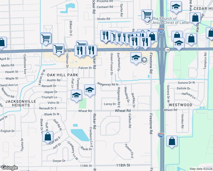 map of restaurants, bars, coffee shops, grocery stores, and more near 7528 Ridgeway Road North in Jacksonville