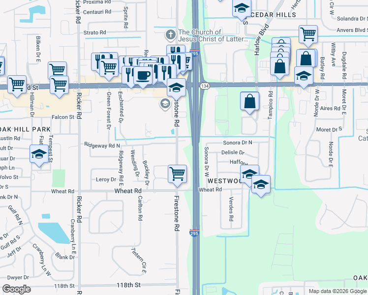 map of restaurants, bars, coffee shops, grocery stores, and more near 5767 Firestone Road in Jacksonville