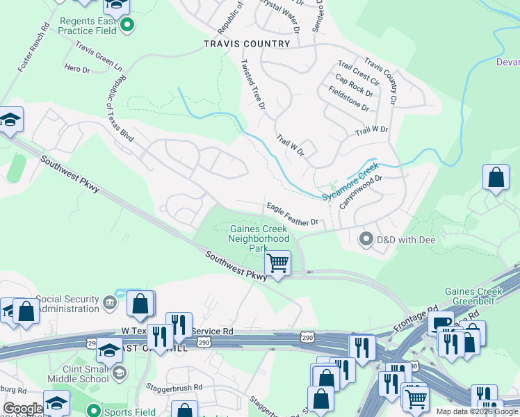 map of restaurants, bars, coffee shops, grocery stores, and more near 4801 Eagle Feather Drive in Austin