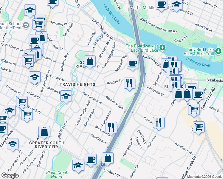 map of restaurants, bars, coffee shops, grocery stores, and more near 1110 Mission Ridge in Austin