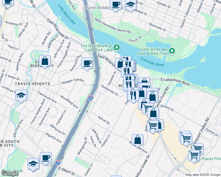 map of restaurants, bars, coffee shops, grocery stores, and more near 1602 Sunnyvale Street in Austin