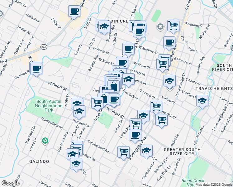 map of restaurants, bars, coffee shops, grocery stores, and more near 2301 South 1st Street in Austin