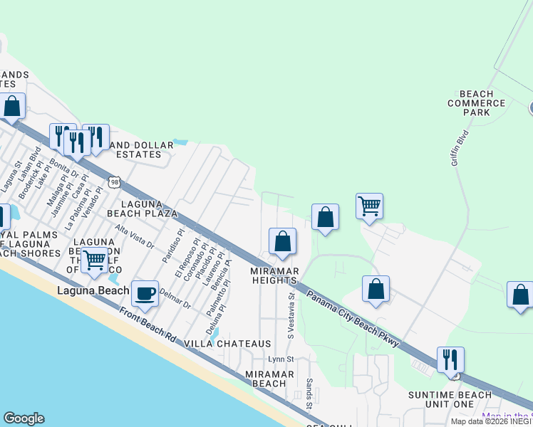 map of restaurants, bars, coffee shops, grocery stores, and more near 145 North Wells Street in Panama City Beach