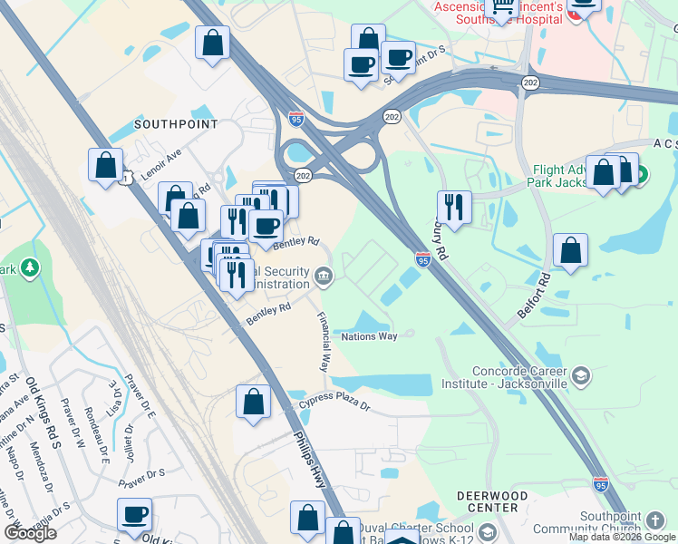 map of restaurants, bars, coffee shops, grocery stores, and more near 8196 Cabin Lake Circle in Jacksonville