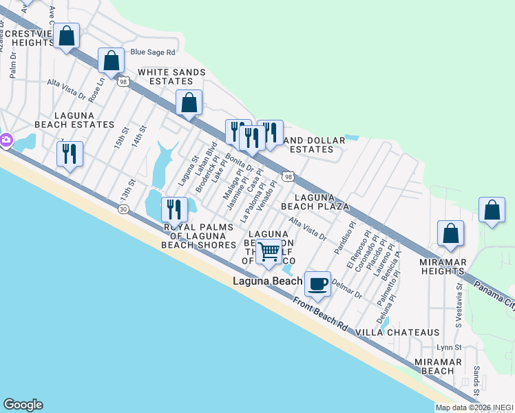 map of restaurants, bars, coffee shops, grocery stores, and more near 213 El Prado Place in Panama City Beach