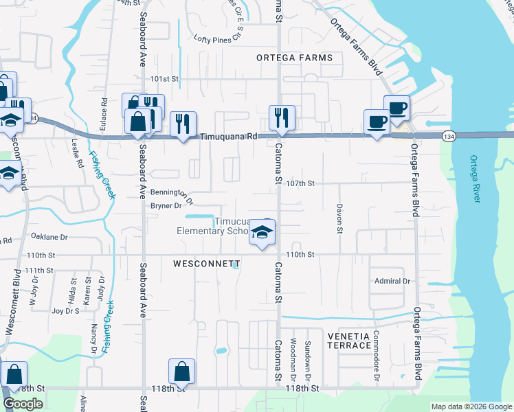 map of restaurants, bars, coffee shops, grocery stores, and more near 5416 Rosedale Lane in Jacksonville