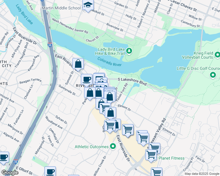 map of restaurants, bars, coffee shops, grocery stores, and more near 1338 Shore District Drive in Austin