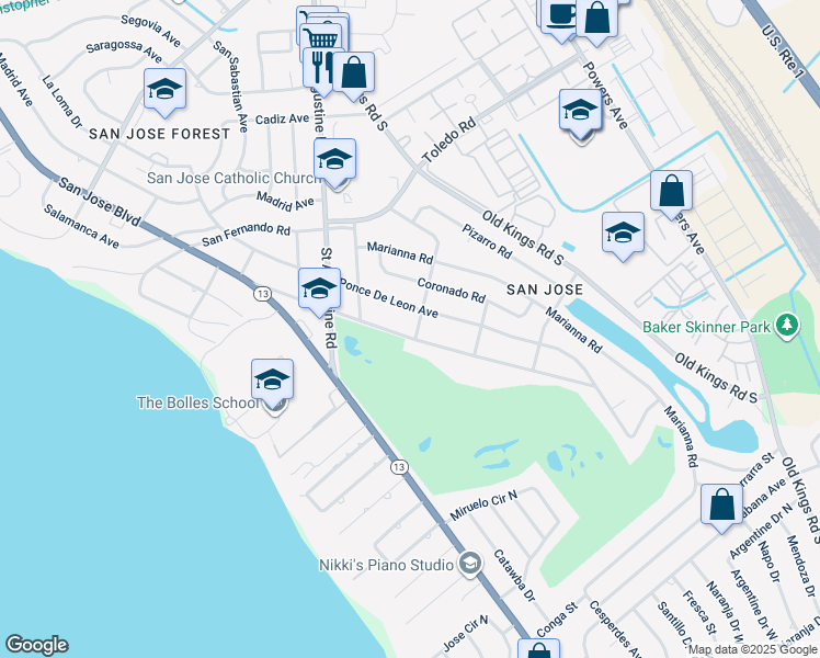 map of restaurants, bars, coffee shops, grocery stores, and more near 3685 Via De La Reina Street in Jacksonville