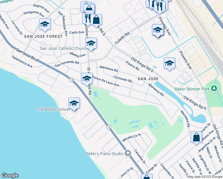 map of restaurants, bars, coffee shops, grocery stores, and more near 3685 Via De La Reina Street in Jacksonville