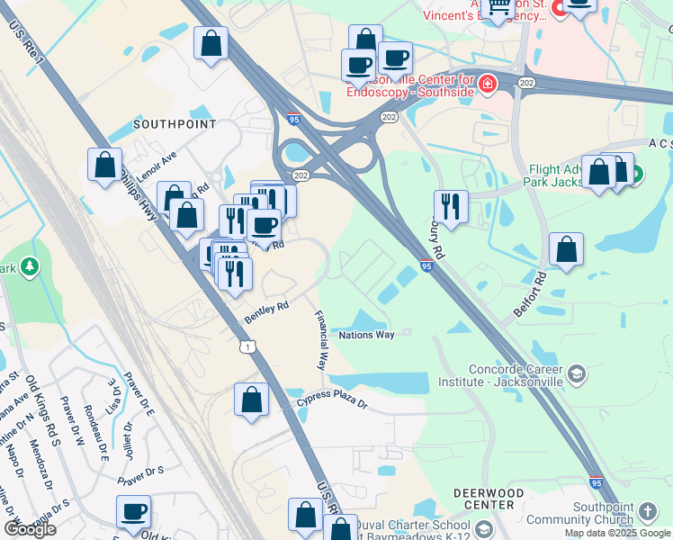 map of restaurants, bars, coffee shops, grocery stores, and more near 8196 Cabin Lake Circle in Jacksonville