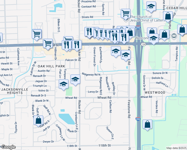 map of restaurants, bars, coffee shops, grocery stores, and more near 7503 Legrande Street South in Jacksonville