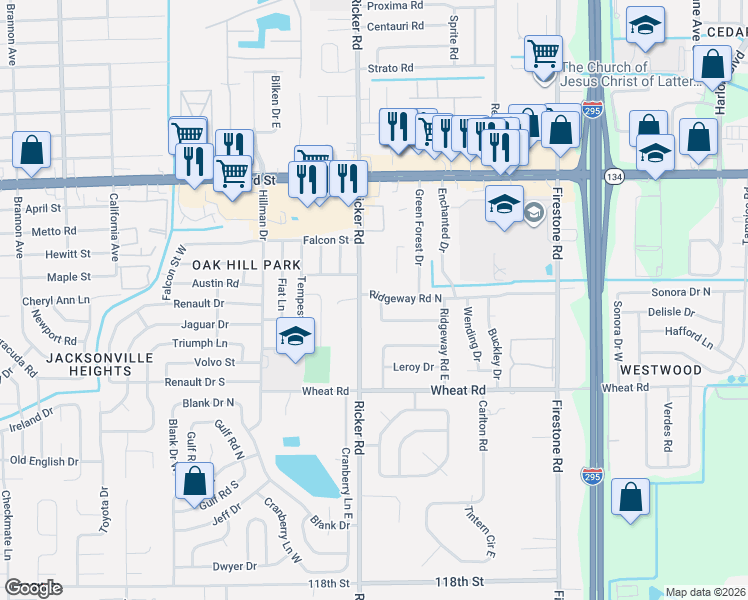 map of restaurants, bars, coffee shops, grocery stores, and more near 5824 Legrande Street South in Jacksonville