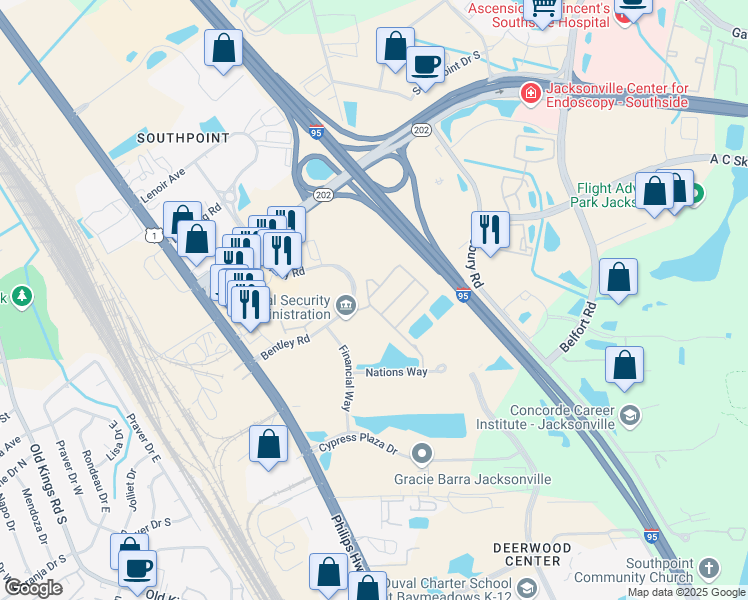 map of restaurants, bars, coffee shops, grocery stores, and more near 8200 White Falls Boulevard in Jacksonville