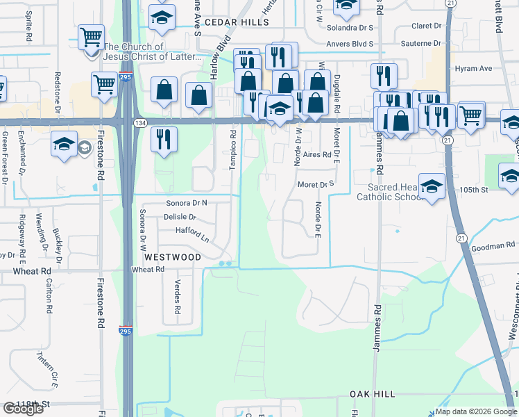 map of restaurants, bars, coffee shops, grocery stores, and more near 6626 Albicore Road in Jacksonville