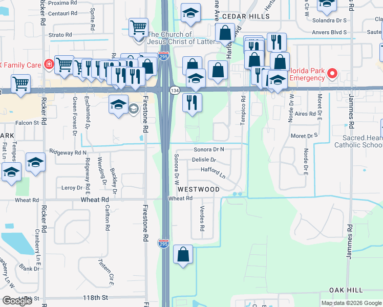 map of restaurants, bars, coffee shops, grocery stores, and more near 7028 Delisle Drive in Jacksonville
