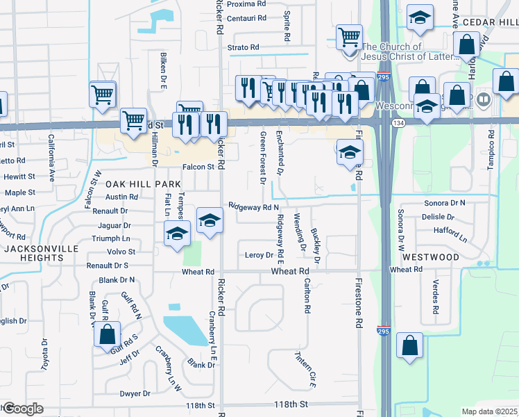 map of restaurants, bars, coffee shops, grocery stores, and more near 7503 Legrande Street South in Jacksonville