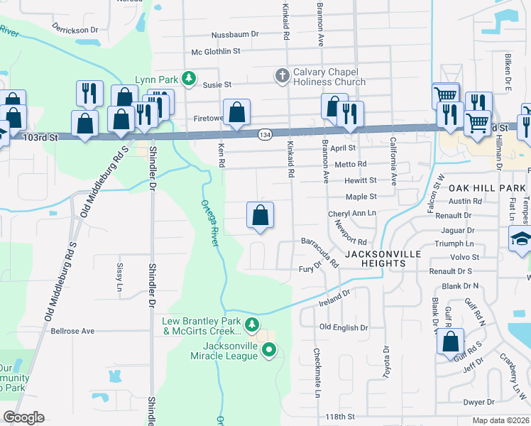 map of restaurants, bars, coffee shops, grocery stores, and more near 8512 Cheryl Ann Lane in Jacksonville