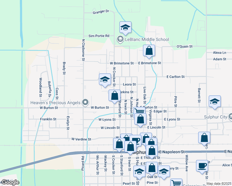 map of restaurants, bars, coffee shops, grocery stores, and more near 551 North Crocker Street in Sulphur