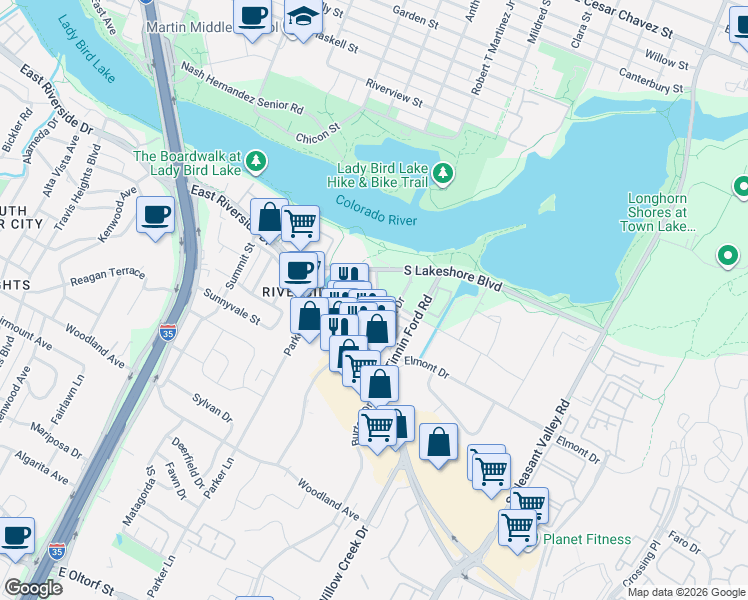 map of restaurants, bars, coffee shops, grocery stores, and more near 1333 Shore District Drive in Austin