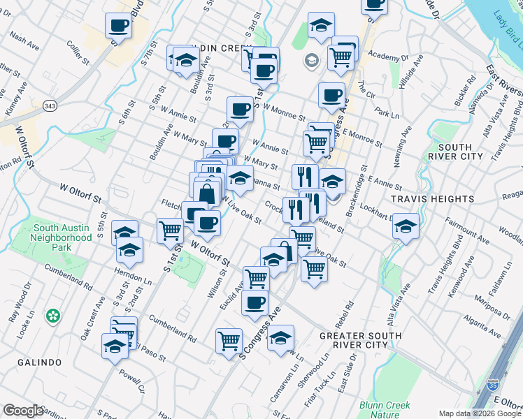 map of restaurants, bars, coffee shops, grocery stores, and more near 2112 Newton Street in Austin