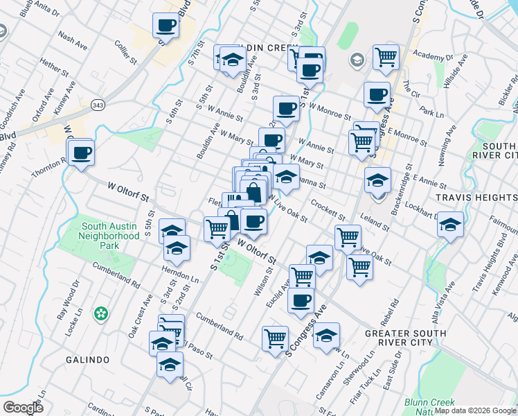 map of restaurants, bars, coffee shops, grocery stores, and more near 2301 South 1st Street in Austin