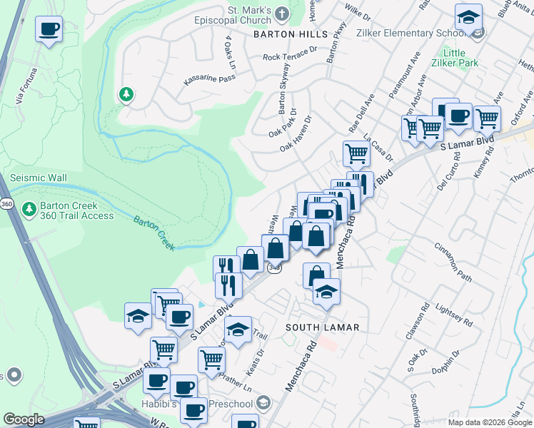 map of restaurants, bars, coffee shops, grocery stores, and more near 2301 Westworth Circle in Austin