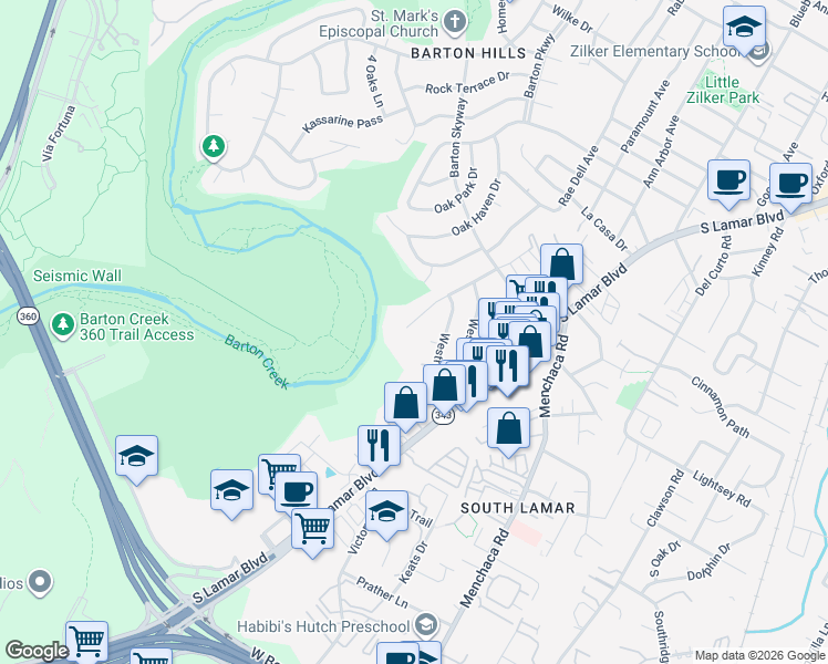 map of restaurants, bars, coffee shops, grocery stores, and more near 2311 Westrock Drive in Austin