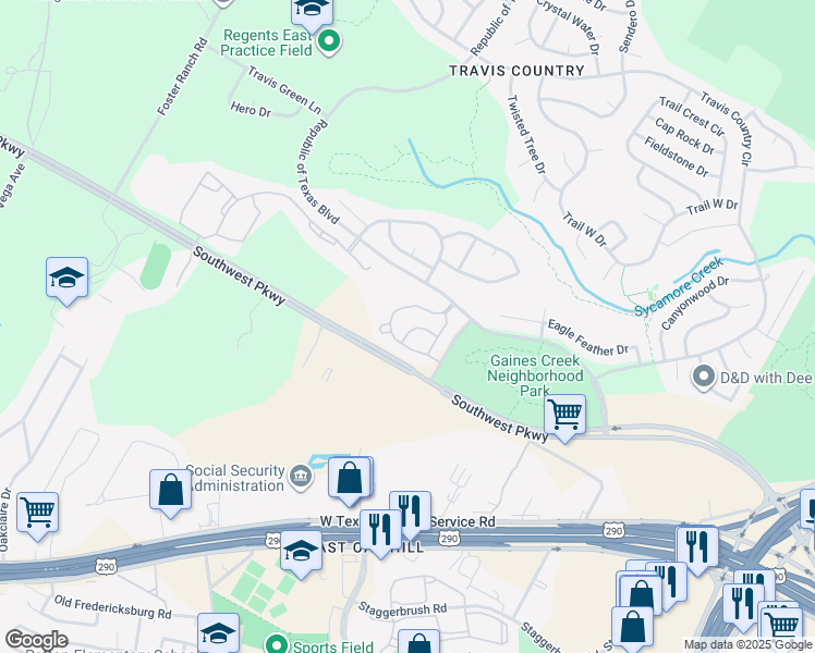 map of restaurants, bars, coffee shops, grocery stores, and more near 5000 Mission Oaks Boulevard in Austin