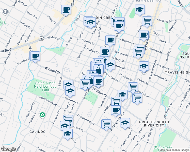 map of restaurants, bars, coffee shops, grocery stores, and more near 2310 South 1st Street in Austin