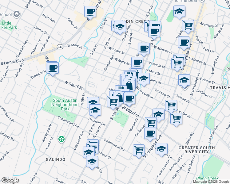 map of restaurants, bars, coffee shops, grocery stores, and more near 2310 South 1st Street in Austin