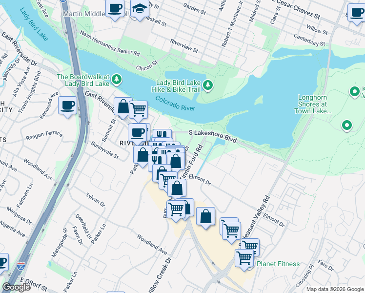 map of restaurants, bars, coffee shops, grocery stores, and more near 1333 Shore District Drive in Austin