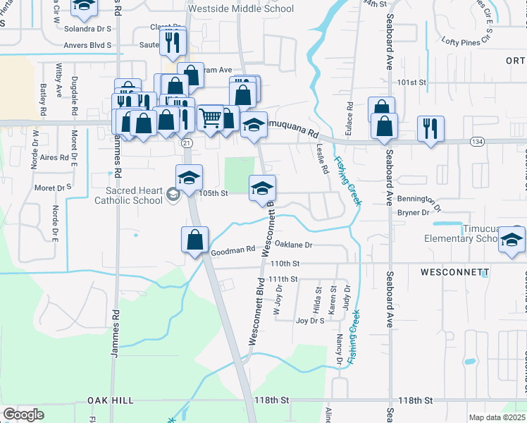 map of restaurants, bars, coffee shops, grocery stores, and more near 5710 Wesconnett Boulevard in Jacksonville
