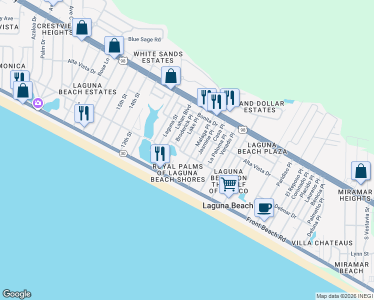 map of restaurants, bars, coffee shops, grocery stores, and more near 129A Malaga Place in Panama City Beach
