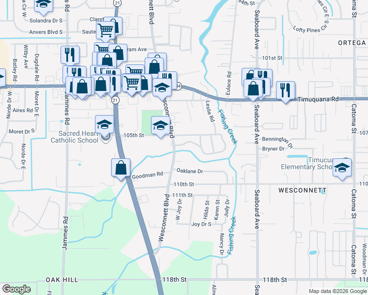 map of restaurants, bars, coffee shops, grocery stores, and more near 5927 Blackthorn Road in Jacksonville