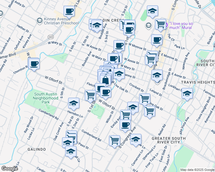 map of restaurants, bars, coffee shops, grocery stores, and more near 603 West Live Oak Street in Austin