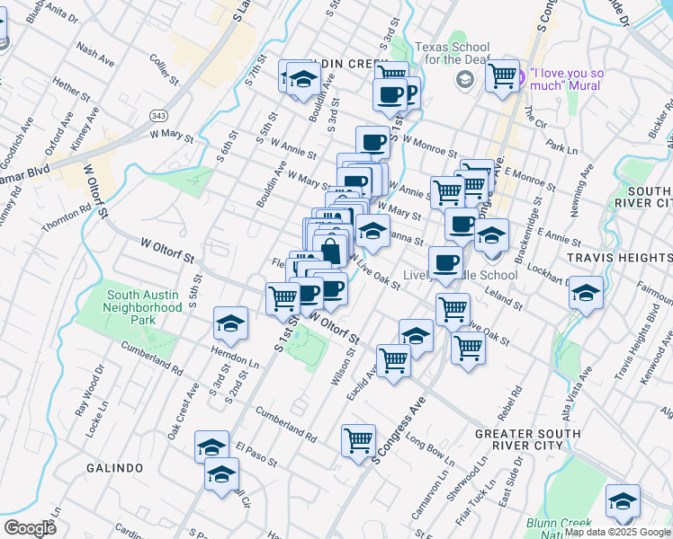 map of restaurants, bars, coffee shops, grocery stores, and more near 603 West Live Oak Street in Austin