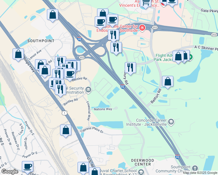 map of restaurants, bars, coffee shops, grocery stores, and more near 7060 Deer Lodge Circle in Jacksonville
