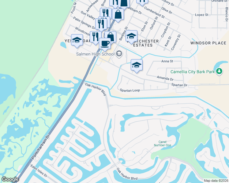 map of restaurants, bars, coffee shops, grocery stores, and more near 303 Spartan Drive in Slidell