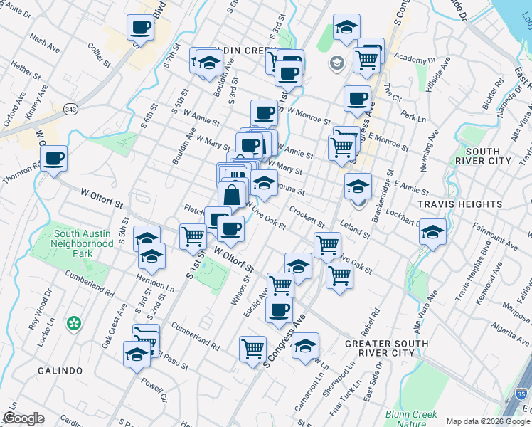 map of restaurants, bars, coffee shops, grocery stores, and more near 406 West Live Oak Street in Austin
