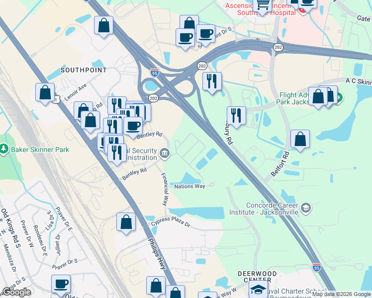 map of restaurants, bars, coffee shops, grocery stores, and more near 8188 Cabin Lake Circle in Jacksonville