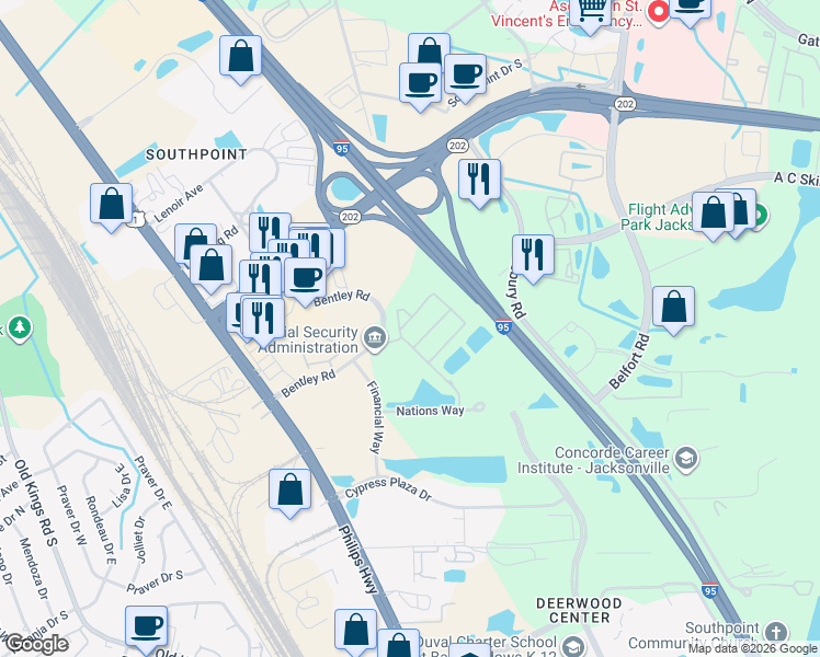 map of restaurants, bars, coffee shops, grocery stores, and more near 8188 Cabin Lake Circle in Jacksonville