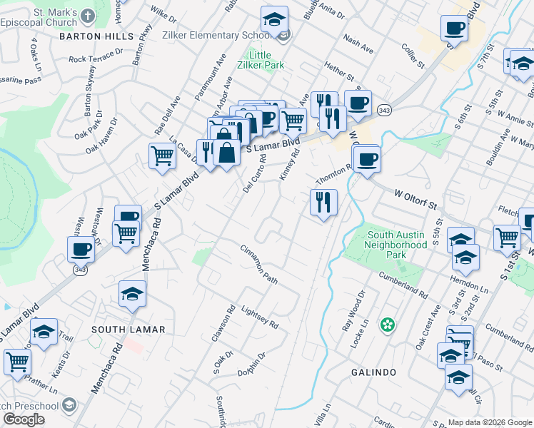 map of restaurants, bars, coffee shops, grocery stores, and more near 2504 Kinney Road in Austin