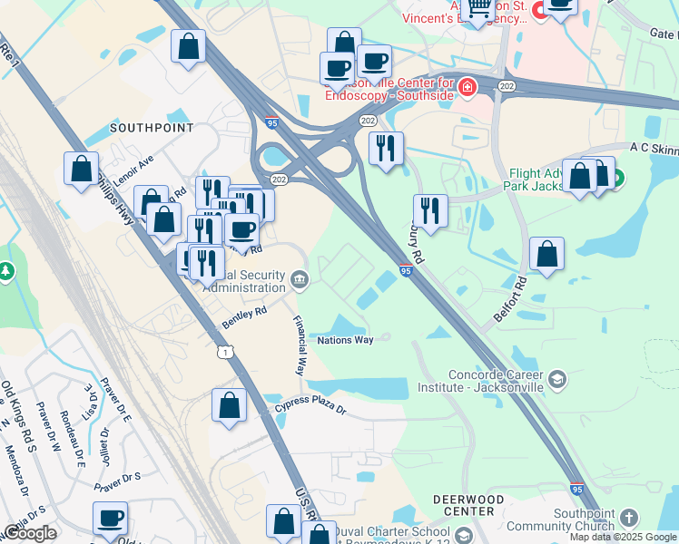 map of restaurants, bars, coffee shops, grocery stores, and more near 8188 Cabin Lake Circle in Jacksonville