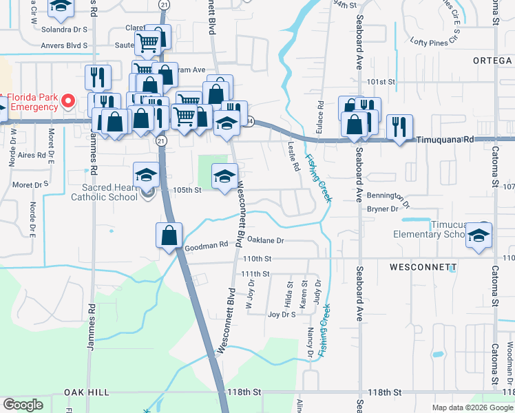 map of restaurants, bars, coffee shops, grocery stores, and more near 5927 Blackthorn Road in Jacksonville